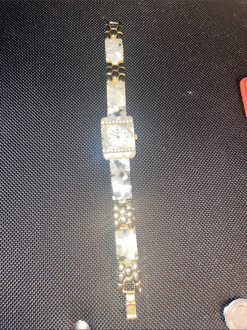 Geneva Gold-Tone Watch with White Marbled look Links and gold hammered fittings